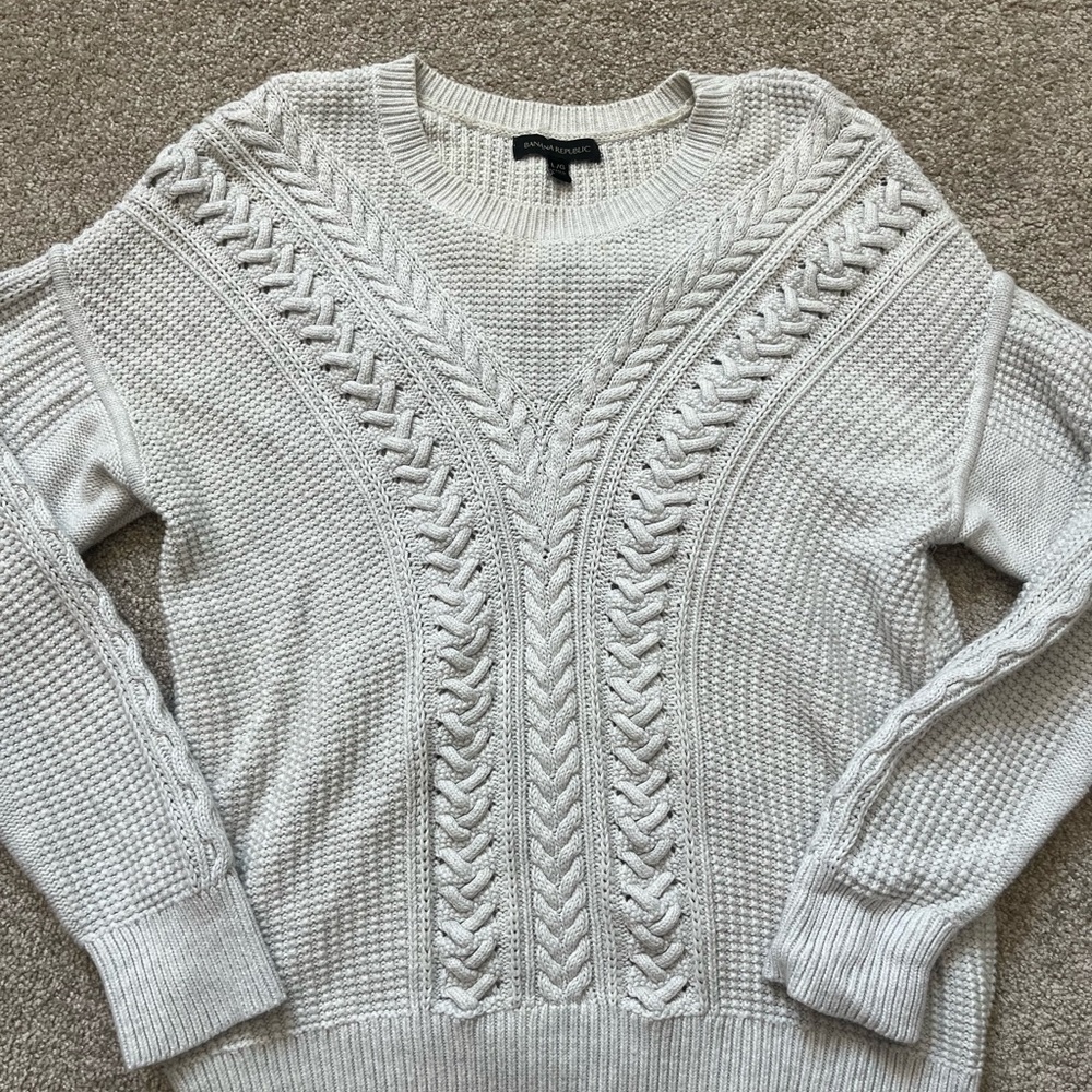 Banana Republic White - Blue Cable-Detail Crewneck Sweater
